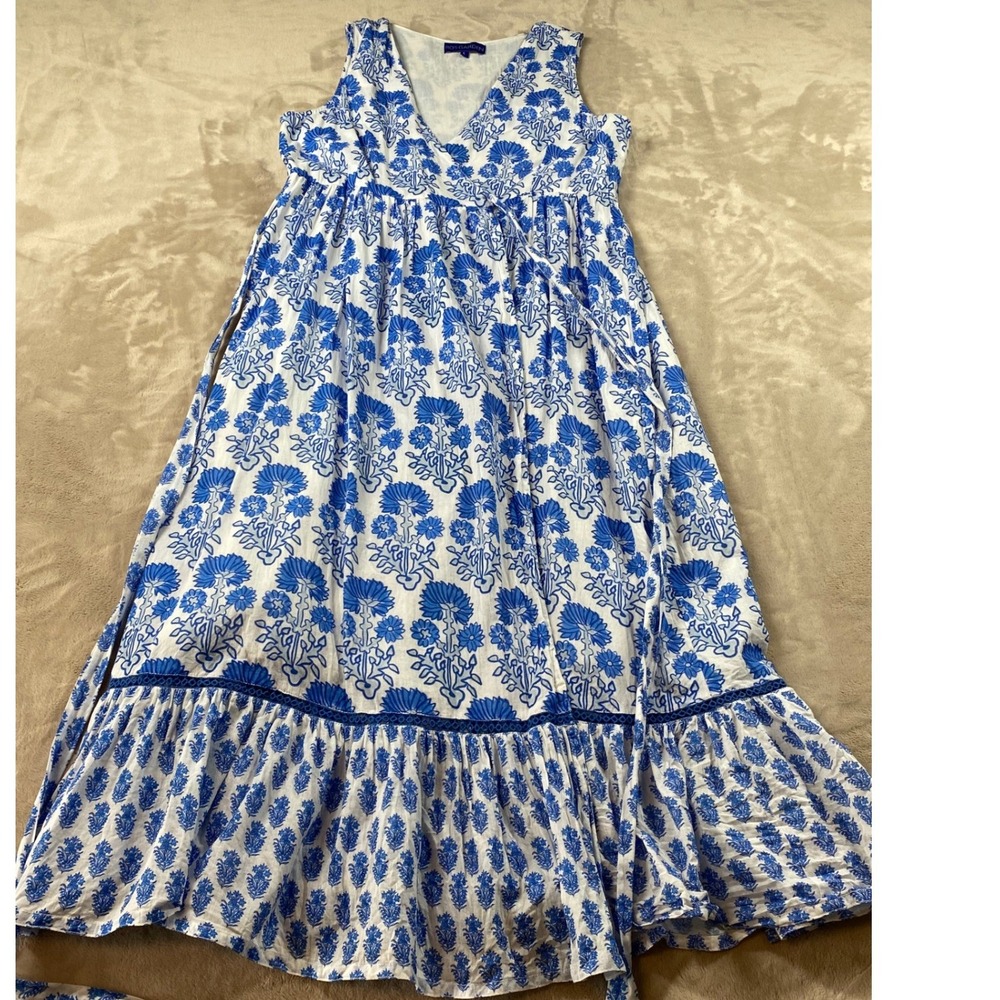 Tuckernuck Ro's Garden Floss Blue White Floral Cotton Tiered Maxi Dress Large